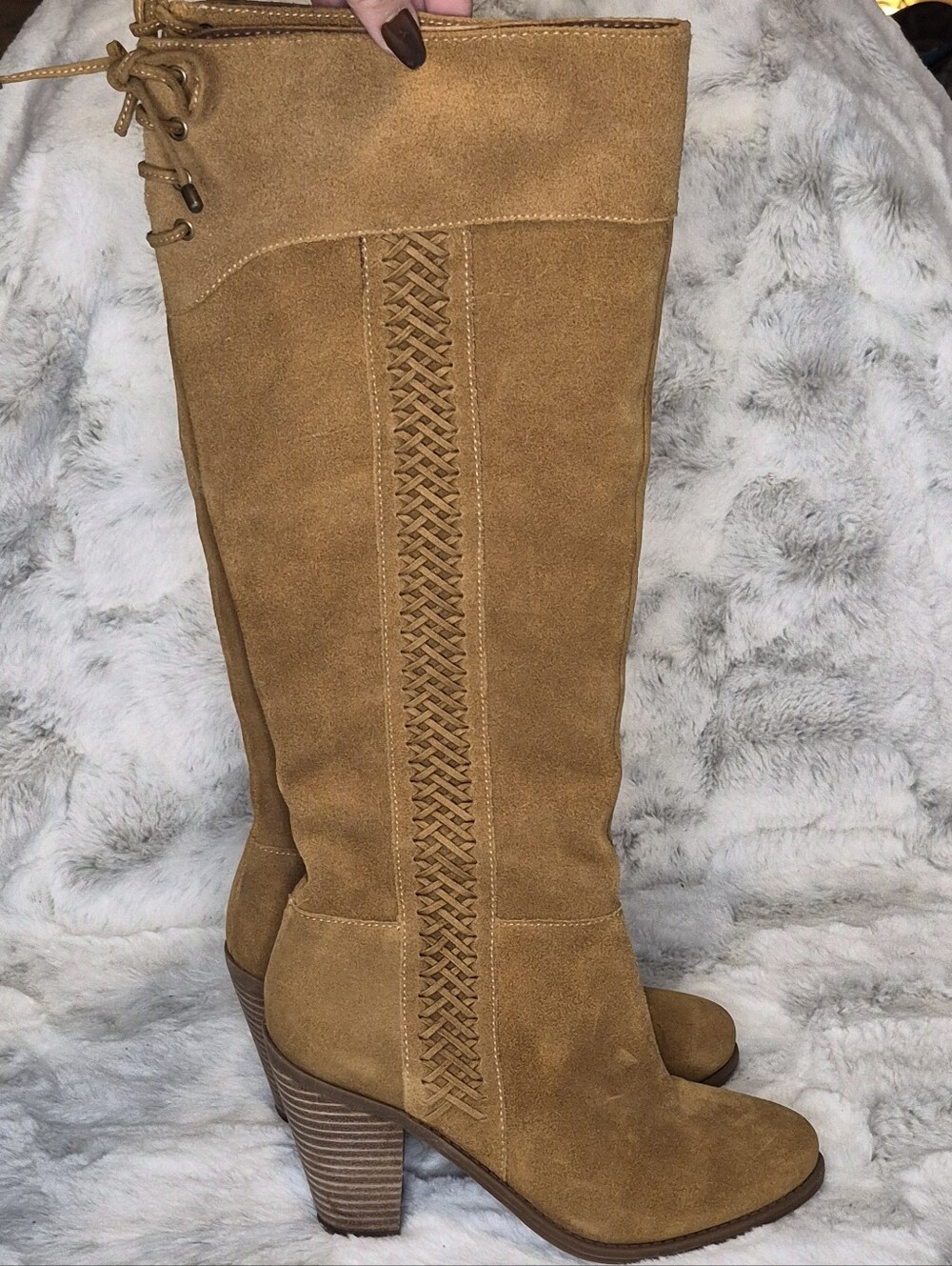 Jessica Simpson Tan Suede Braided-Trim Knee Boots